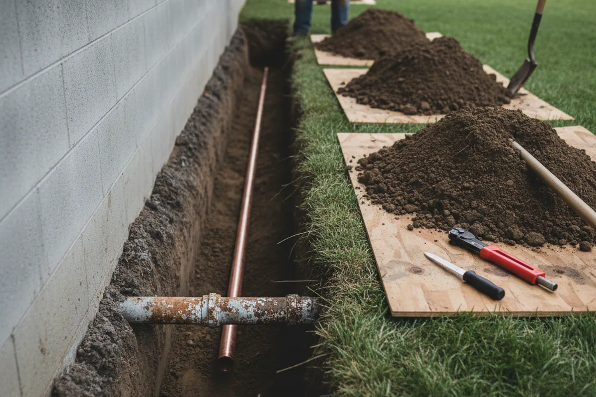 Excavated water line trench during Water Softener Installation in Olalla